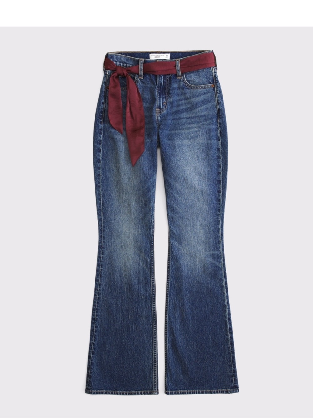 Abercrombie & Fitch Blue Flare Jeans with Burgundy Waist Scarf